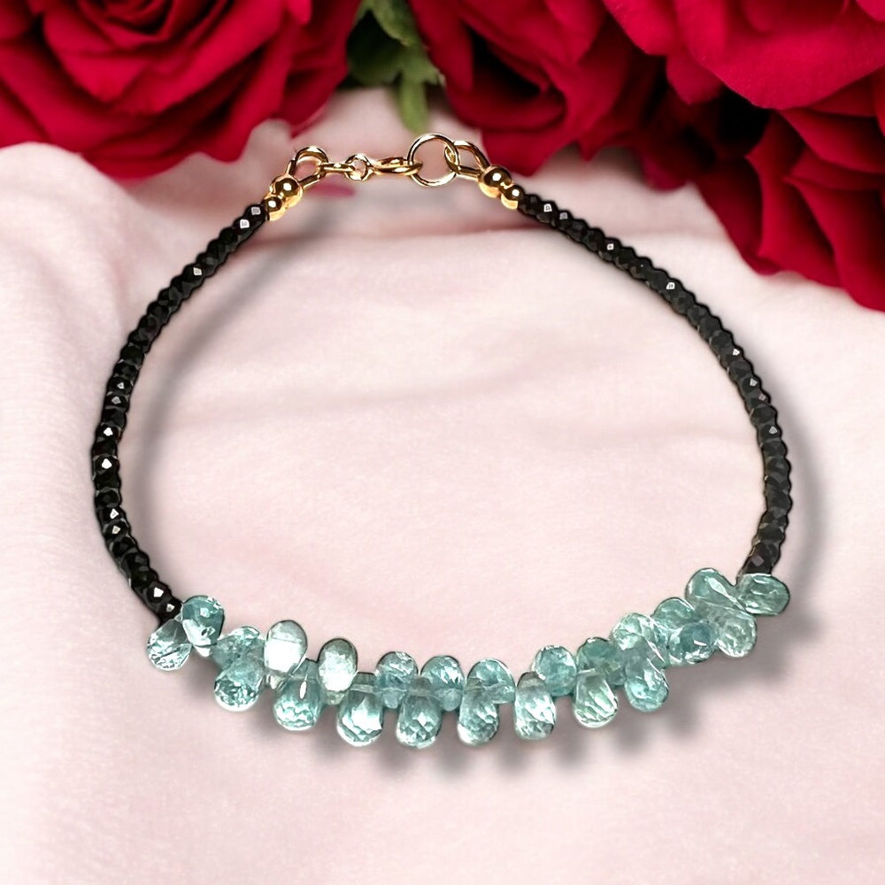 Natural Black Spinel | Apatite Bracelet Handcrafted Solid 14K Yellow Gold